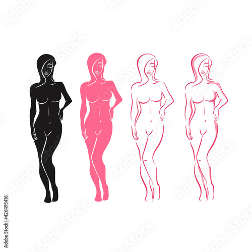 standing young beautiful woman body, strokes, silhouettes