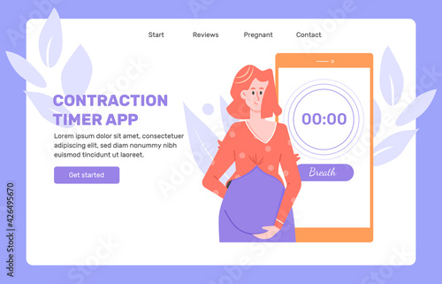 Landing page for the contraction counter mobile app. Breathe inscription on smartphone screen. Cute pregnant woman. Vector flat illustration.