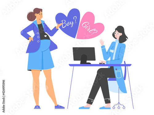 Pregnant girl at a gynecologist's appointment. Finds out the gender of her unborn child. Happy future mom in the hospital. Vector flat illustration.