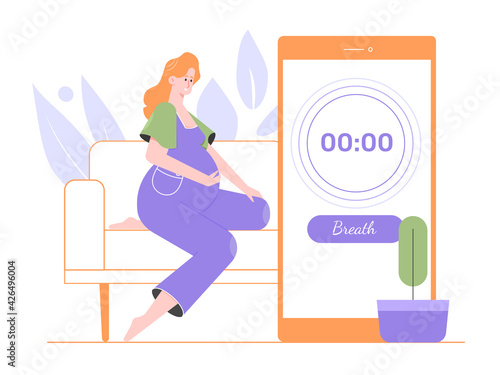 Pregnant pretty girl counts the time between contractions. Contraction counter mobile application. Coming birth, labor. Future mother. Vector flat illustration.