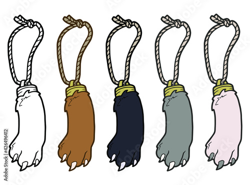 Feet of animals. Rabbit's foot. Aumet for good luck. Magic items. Isolated on white. 
