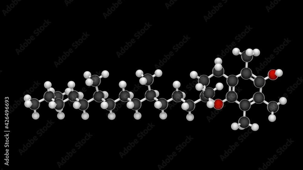 Chemical structure of Vitamin E (alpha-Tocopherol). Formula: C29H50O2. 3D render. Seamless loop. Chemical structure model: Ball and Stick. RGB + Alpha (Transparent) channel. Chemical structure of Vitamin E (alpha-Tocopherol). Formula: C29H50O2. 3D render. Seamless loop. Chemical structure model: Ball and Stick. RGB + Alpha (Transparent) channel.