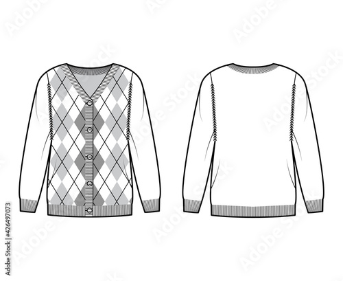 Argyle cardigan technical fashion illustration with rib V-neck, long sleeves, oversized, fingertip length, knit cuff trim. Flat sweater apparel front, back, white color. Women, men unisex CAD mockup