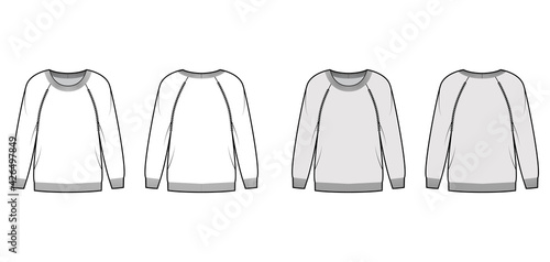 Sweater technical fashion illustration with round neck, long raglan sleeves, Regular fit, fingertip length, Ribbed trims. Flat jumper apparel front, back, white grey color style. Women, men CAD mockup