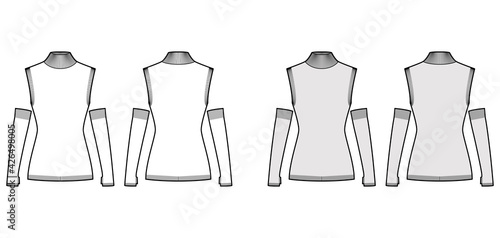 Sleeveless Sweater technical fashion illustration with gauntlets, rib turtleneck, fitted body, hip length, knit trim. Flat apparel front, back, white grey color style. Women, men unisex CAD mockup