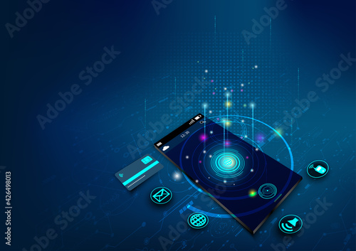 Technology with Smartphone digital logo.Abstract cyber security and fingerprints blue light.Mobile app,innovation,digital technology, program developers.Vector modern technology and Internet things.