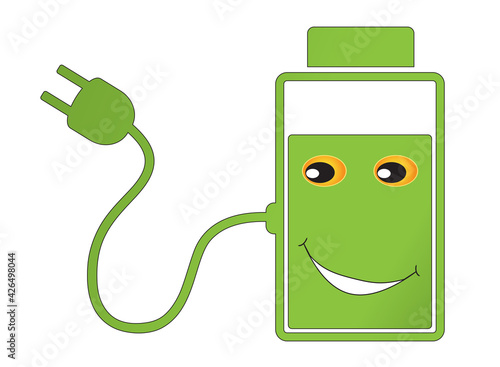 Car and phone charger concept design with battery, cable and plug. Smiling character with battery, can be used in environment, green energy and transportation design projects and presentations.
