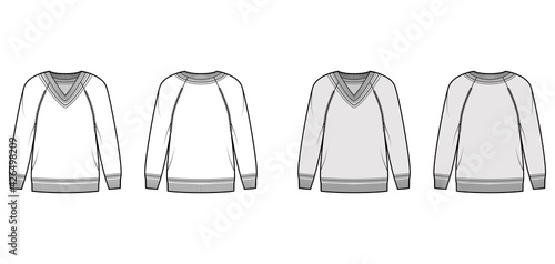 Cricket Sweater technical fashion illustration with stripes, rib V-neck, long raglan sleeves, oversized, hip length, knit trim. Flat apparel front, back, white grey color style. Women, men CAD mockup