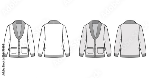 Cardigan Shawl collar Sweater technical fashion illustration with long sleeves, hip length, knit rib trim, button closure. Flat apparel front, back, white grey color style. Women men unisex CAD mockup