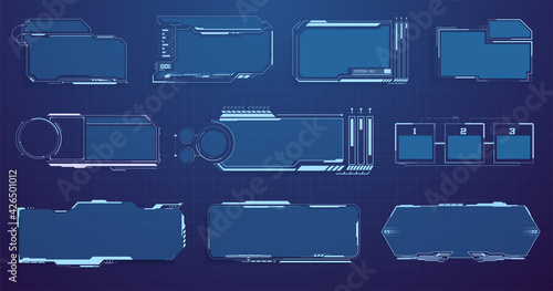 HUD, UI, GUI futuristic user interface screen elements set. High tech screen for video game. Sci-fi concept design. Callouts titles. Modern banners, frames of lower third. Vector illustration