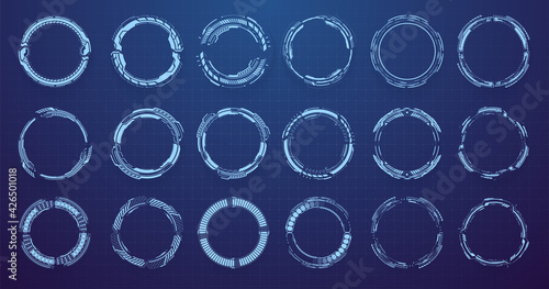 Circle HUD elements for UI, UX, GUI, FUI. Set abstract digital circular shapes. Circle Sci-fi elements on isolated blue background. Concept Futuristic User Interface for graphic motion. Vector