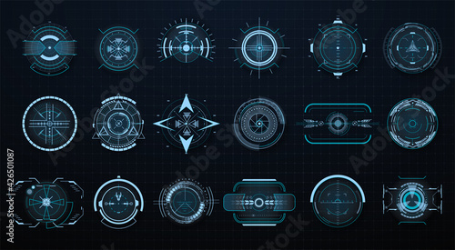 Futuristic optical aim. Military collimator sight, gun targets focus range indication. Gaming and hi-tech, cyberspace and gui design, electronic theme. HUD, GUI,UI technology future elements. Vector photo