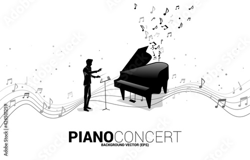 Vector silhouette of conductor with grand piano with music melody note dancing flow. Concept background for song and concert theme.
