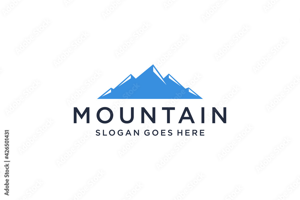 Abstract Mountain Logo. White Shape Linear Style isolated on Blue Color. Flat Vector Logo Design Template Element.