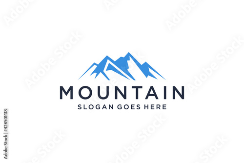 Abstract Mountain Logo. White Shape Linear Style isolated on Blue Color. Flat Vector Logo Design Template Element.