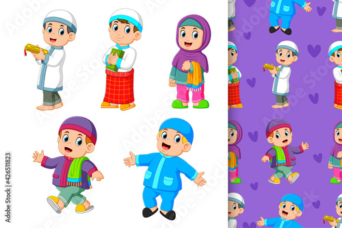 The collection of the muslim children with they outfit