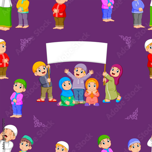 The pattern of the children are standing and holding the blank banner