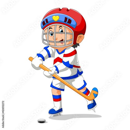The boy with the safety costume is playing the ice hockey