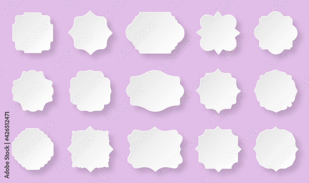 Paper cut white label frames isolated on purple. Retro badge vector set. Vintage packaging design templates for bottles, jars, cups or dishes. Special supermarket promotional offer price tag. Paper cut white label frames isolated on purple. Retro badge vector set. Vintage packaging design templates for bottles, jars, cups or dishes. Special supermarket promotional offer price tag.