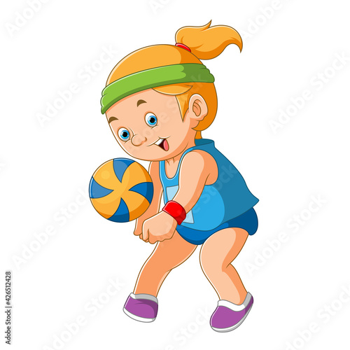 The professional girl is using the headband and playing the volley ball