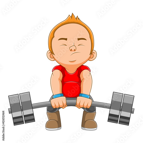 The sportsman is lifting weights with his muscles on hands