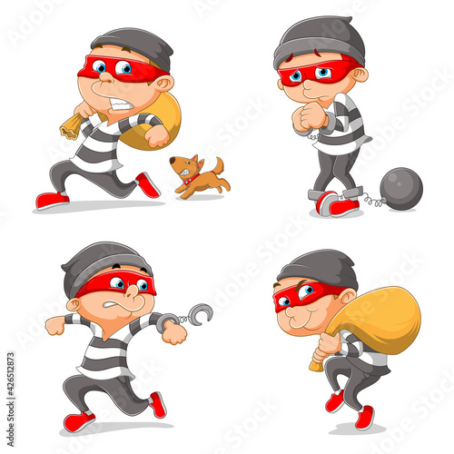 The illustration of thief is stealing the stuff and a dog chase him