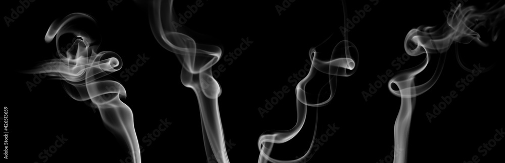 Set swirling movement of the white smoke group, abstract line Isolated on black background Set swirling movement of the white smoke group, abstract line Isolated on black background