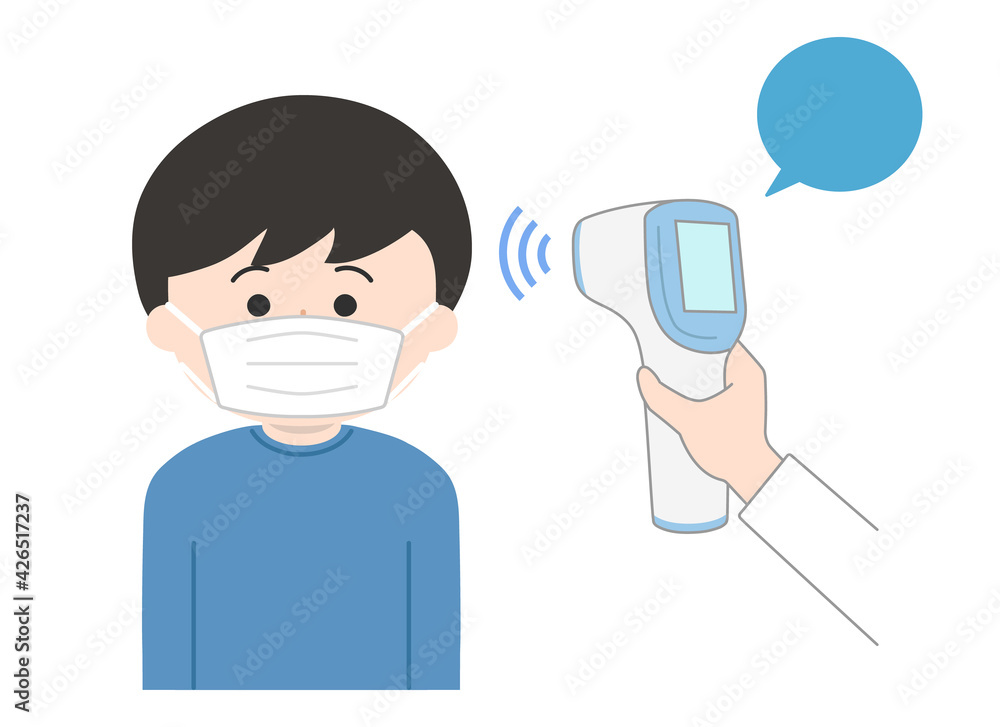 The boy wearing a mask is checked his temperature using an infrared forehead thermometer gun for coronavirus. Vector illustration isolated on white background. The boy wearing a mask is checked his temperature using an infrared forehead thermometer gun for coronavirus. Vector illustration isolated on white background.