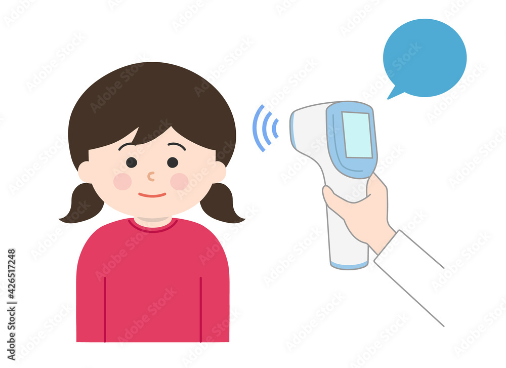 The girl is checked her temperature using a non-contact thermometer for coronavirus. Vector illustration isolated on white background. The girl is checked her temperature using a non-contact thermometer for coronavirus. Vector illustration isolated on white background.