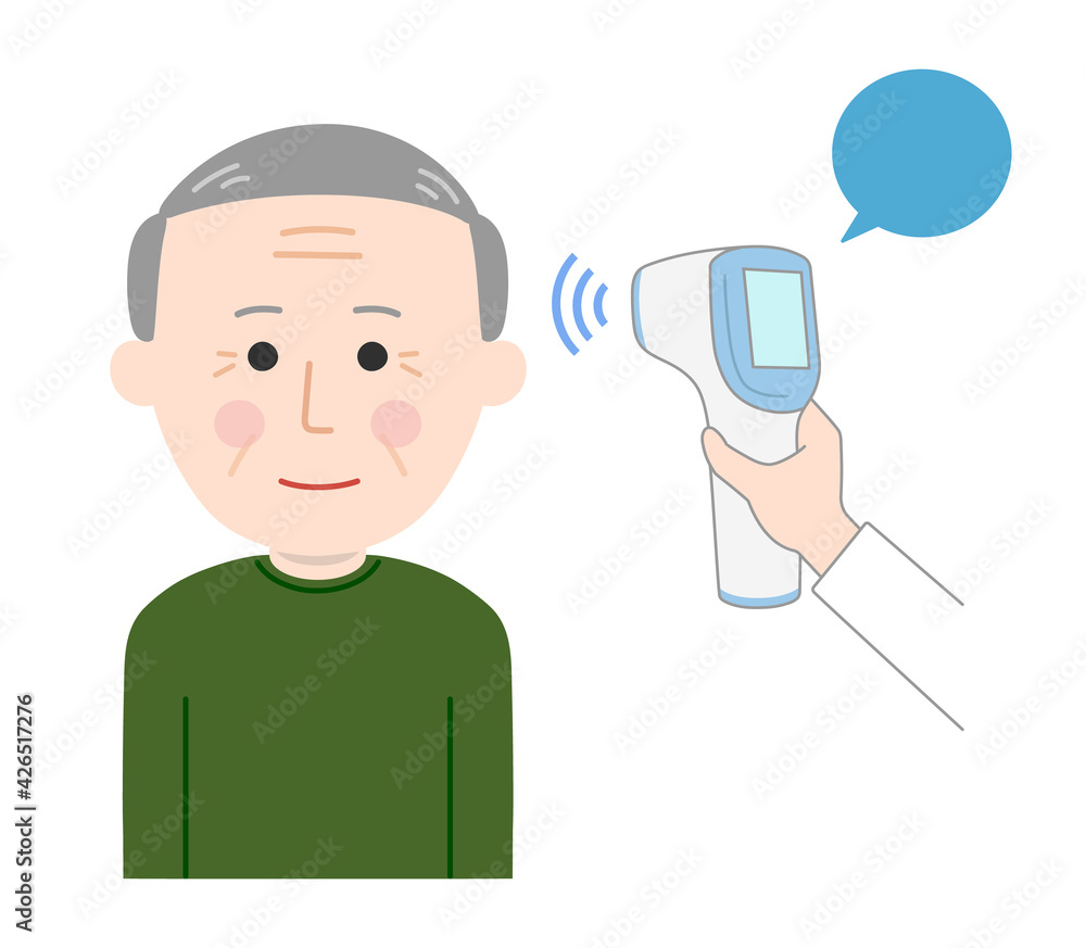 The elderly man is checked for his temperature using a non-contact thermometer for coronavirus. Vector illustration isolated on white background. The elderly man is checked for his temperature using a non-contact thermometer for coronavirus. Vector illustration isolated on white background.