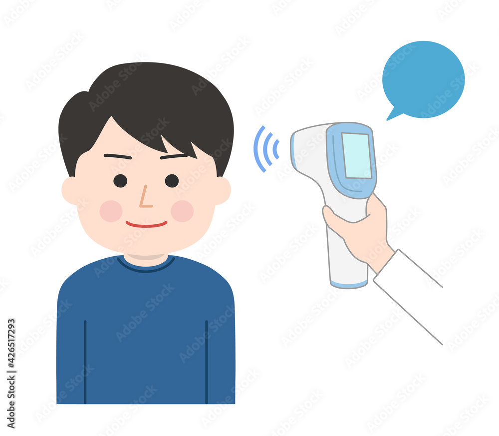 Man is checked his temperature using an infrared forehead thermometer gun for coronavirus. Vector illustration isolated on white background. Man is checked his temperature using an infrared forehead thermometer gun for coronavirus. Vector illustration isolated on white background.