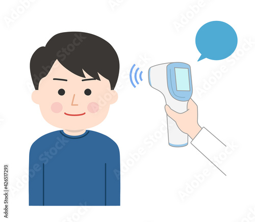Man is checked his temperature using an infrared forehead thermometer gun for coronavirus. Vector illustration isolated on white background.