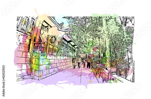 Building view with landmark of Dujiangyan is the city of China. Watercolour splash with hand drawn sketch illustration in vector.