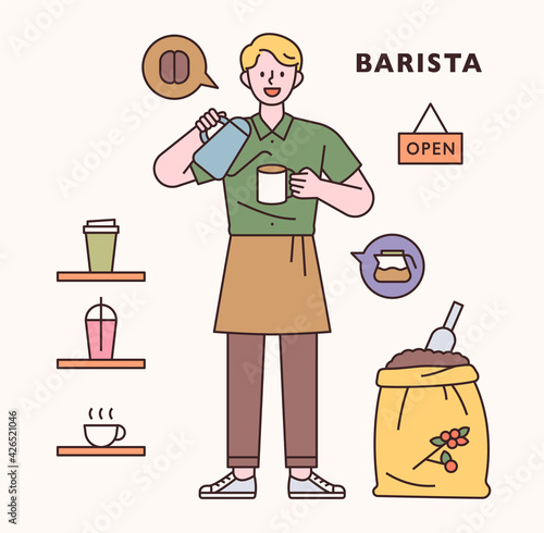 Baristar character and icon set. flat design style minimal vector illustration.