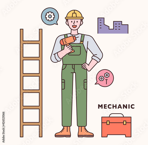 Engineer character and icon set. flat design style minimal vector illustration.