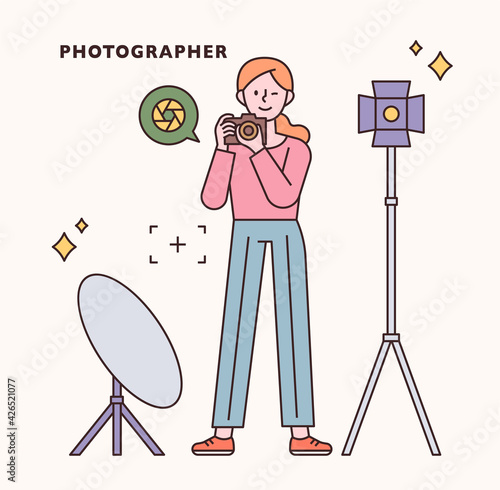 Photographer character and icon set. flat design style minimal vector illustration.