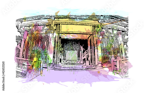 Building view with landmark of Dujiangyan is the city of China. Watercolour splash with hand drawn sketch illustration in vector.