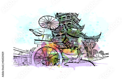 Building view with landmark of Dujiangyan is the city of China. Watercolour splash with hand drawn sketch illustration in vector.