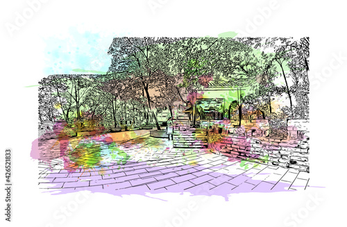 Building view with landmark of Dujiangyan is the city of China. Watercolour splash with hand drawn sketch illustration in vector.
