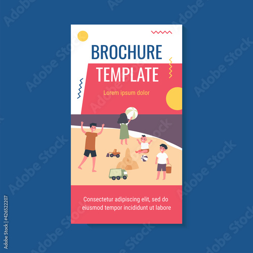 Happy children playing on sea beach. Ball, sand castle, boy flat vector illustration. Summer vacation and childhood concept for banner, website design or landing web page