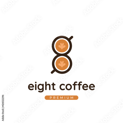Number 8 coffee cafe logo with coffee latte cup in number 8 shape icon logo illustration template