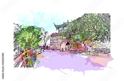 Building view with landmark of Dujiangyan is the city of China. Watercolour splash with hand drawn sketch illustration in vector.