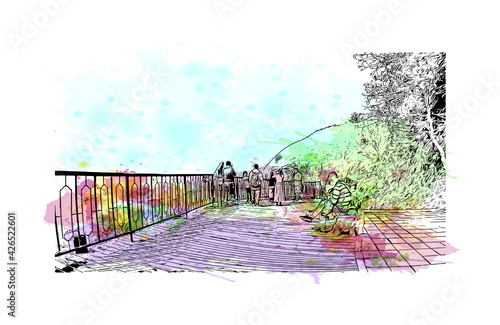 Building view with landmark of Dujiangyan is the city of China. Watercolour splash with hand drawn sketch illustration in vector.
