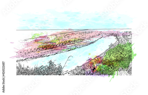 Building view with landmark of Dujiangyan is the city of China. Watercolour splash with hand drawn sketch illustration in vector.
