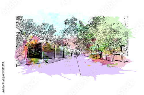 Building view with landmark of Dujiangyan is the city of China. Watercolour splash with hand drawn sketch illustration in vector.