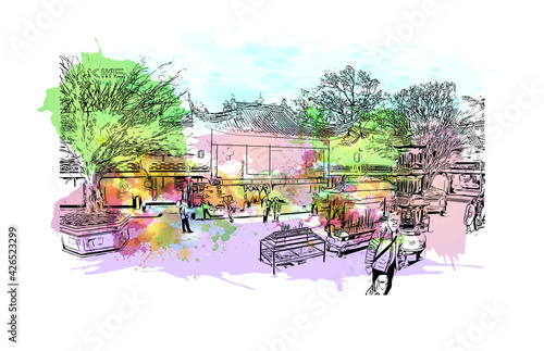 Building view with landmark of Dujiangyan is the city of China. Watercolour splash with hand drawn sketch illustration in vector.