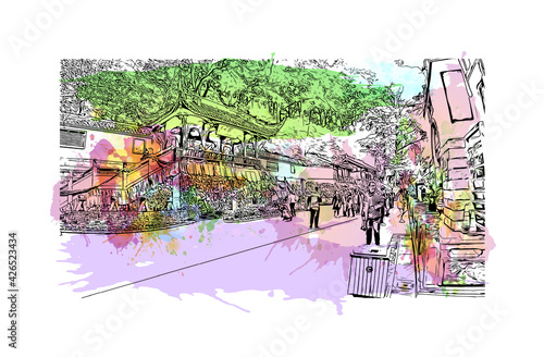 Building view with landmark of Dujiangyan is the city of China. Watercolour splash with hand drawn sketch illustration in vector.