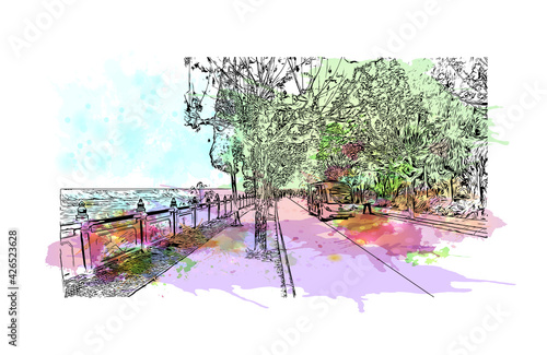 Building view with landmark of Dujiangyan is the city of China. Watercolour splash with hand drawn sketch illustration in vector.