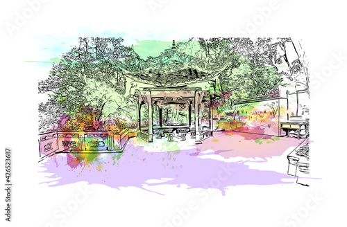 Building view with landmark of Dujiangyan is the city of China. Watercolour splash with hand drawn sketch illustration in vector.