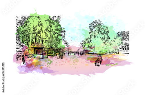 Building view with landmark of Dujiangyan is the city of China. Watercolour splash with hand drawn sketch illustration in vector.